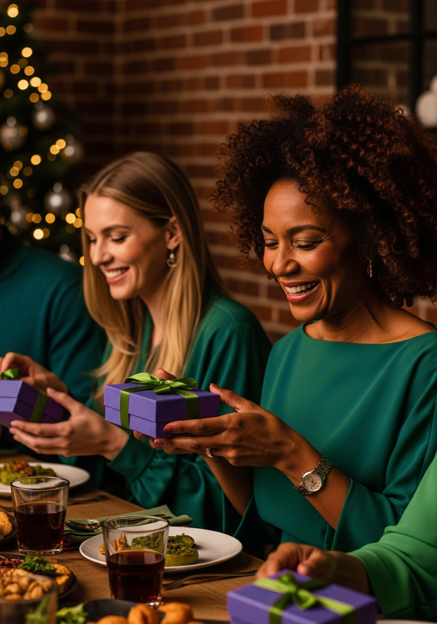 Grupo de pessoas sorrindo e trocando presentes em uma mesa decorada, vestidas com roupas verdes. Cada uma segura uma pequena caixa roxa com fita verde, em um ambiente acolhedor com luzes de Natal ao fundo.