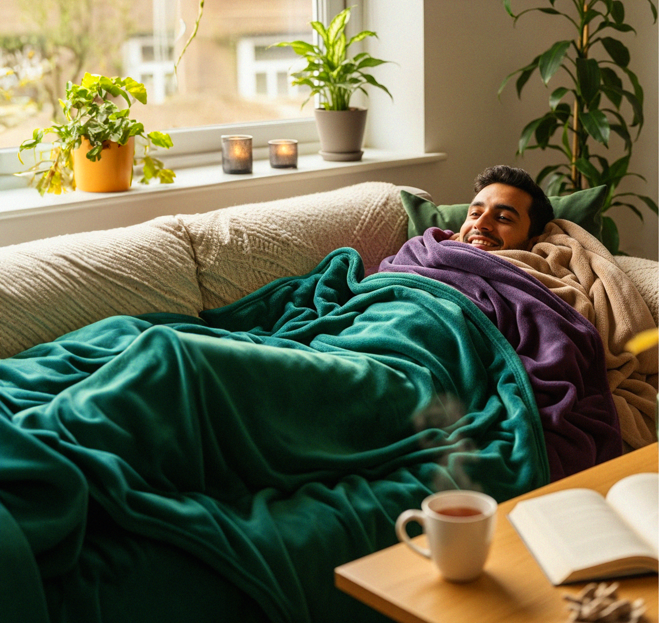 Mulher sentada em um sofá coberta com um cobertor, usando gorro e meias de lã. Ela aquece as mãos em frente a uma lareira acesa, com uma xícara de chá e cartas sobre a mesa, em um ambiente aconchegante iluminado por velas.
